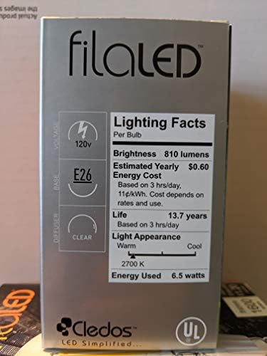 Led лампа с регулируема яркост с нажежаема жичка A19 мощност 60 W, еквивалентна Прозрачни, със Средна Основа