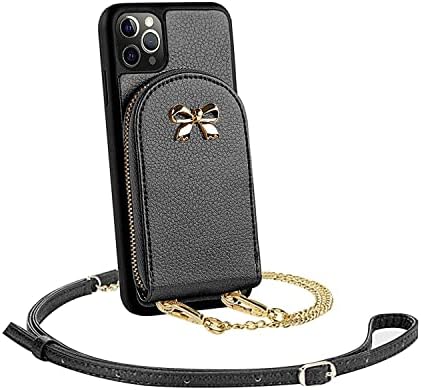 Чанта-портфейл ZHILIDA за iPhone 12/12 Pro с цип, за носене-на портфейла през рамо с държач за карти, каишка за китката, подарък за жени, е съвместим с iPhone 12/12 Pro (6,1 инча), черен
