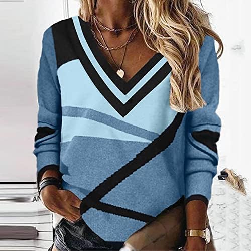 GRGE BEUU Дамски Блузи с дълъг ръкав, V образно деколте, Блузи, Тениски С Геометричен Принтом под формата на Цветни Блок, Ежедневни Удобни Пуловери, Блузи, Свободни