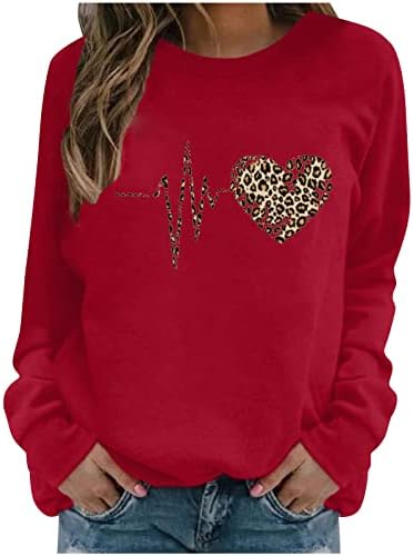 LMSXCT Hoody за Свети Валентин за жени, пуловер с кръгло деколте и участието на леопардового на сърцето, топ, ежедневни риза с дълъг ръкав, блуза, дрехи