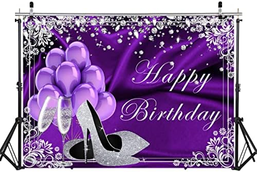 LYCGS 7x5ft Лилаво и Сребристо Фон честит Рожден Ден На Високи Токчета, Балони с диаманти цвят Шампанско, Украса За жена за Рожден Ден, Банер, Лилав Фон за Снимки на рожде?