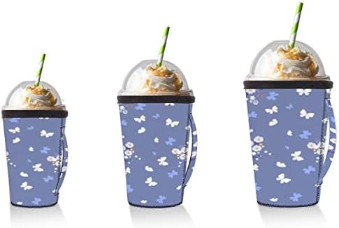 Пеперуда и цвете в Синьо за многократна употреба Кафе ръкав с лед с дръжка от неопрен За напитки, кафе лате, Чай, Напитки, Бира (Голям 30-32 унция)