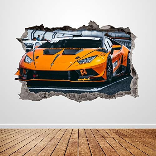 Стикер за стена състезателен автомобил Разби 3D Графична Стикер на стената на Lamborghini Художествена Живопис Плакат Декор на Детска Стая Подарък UP147 (70 W x 46H инча)