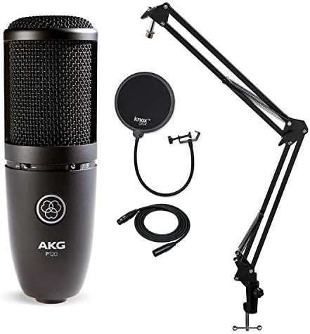 Записывающий микрофон AKG P120 с щанга Knox Gear, поп-филтър и комплект XLR-кабели (4 предмет)
