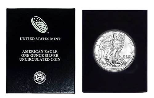 2007 г. - Американски Сребърен Орел в Пластмасов калъф Air Tite и кутия за Подарък с нашия сертификат за автентичност Долар Монетния
