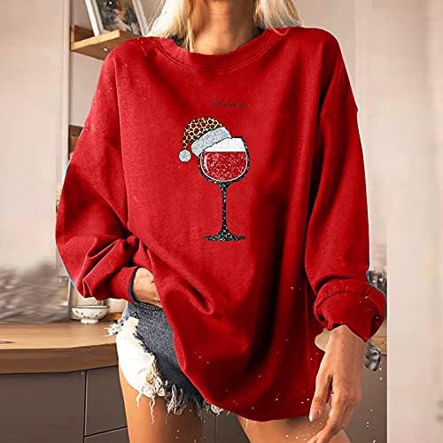 дамски коледни пуловери lcziwo, блузи с класически дизайн във формата на чаши червено вино, пуловери с дълъг ръкав оверсайз, тениски