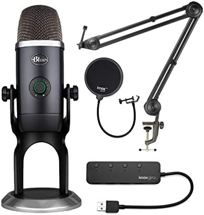 Сини микрофони Yeti X USB Microphone (тъмно сиво) в комплект с група, поп-филтър и 4-пристанищен възел USB 3.0 (4 предмет)