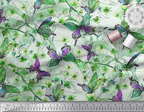 Памучен трикотажная плат Soimoi с щампи на листа, цветя и пеперуди ширина 58 см