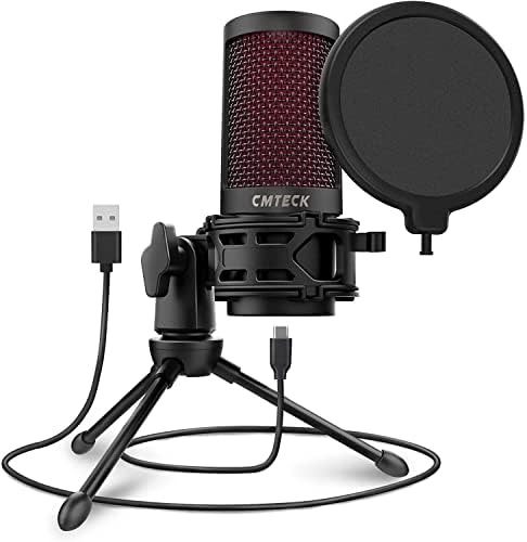 USB-Микрофон CMTECK, Микрофон за подкасти с поп-филтър и бутон за изключване на звука, който е Съвместим Настолен компютър и лаптоп (Черен)