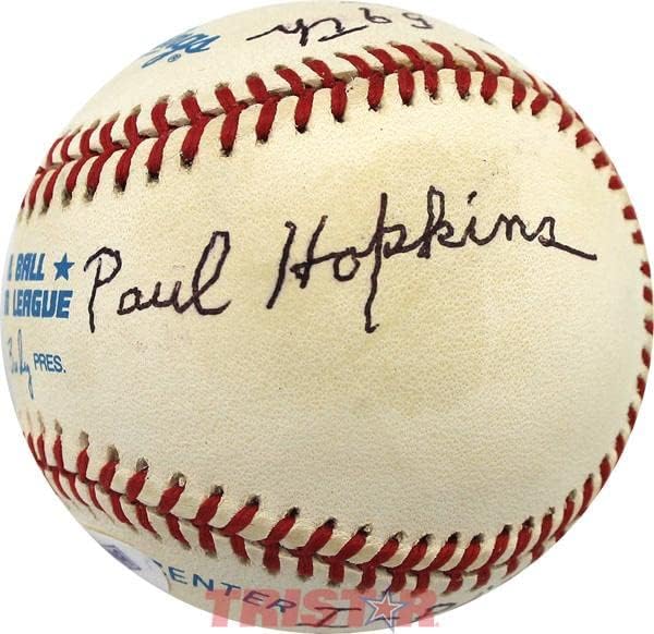 Пол Хопкинс с автограф Ела Бейзбол С Надпис Подаде 59-та бейзболен топката Бейба Ruta за един час - Бейзболни топки с автографи