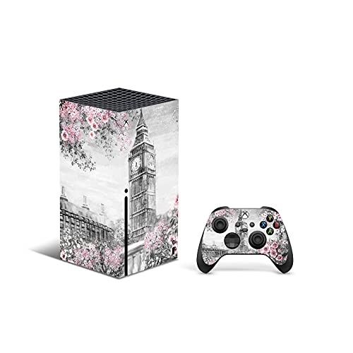 ZOOMHITSKINS, който е съвместим за Xbox Series X Кожа, Корица Series X Skin, С шарени Лондон Розово Сиво Арт Бели цветя, Рози, издръжлив